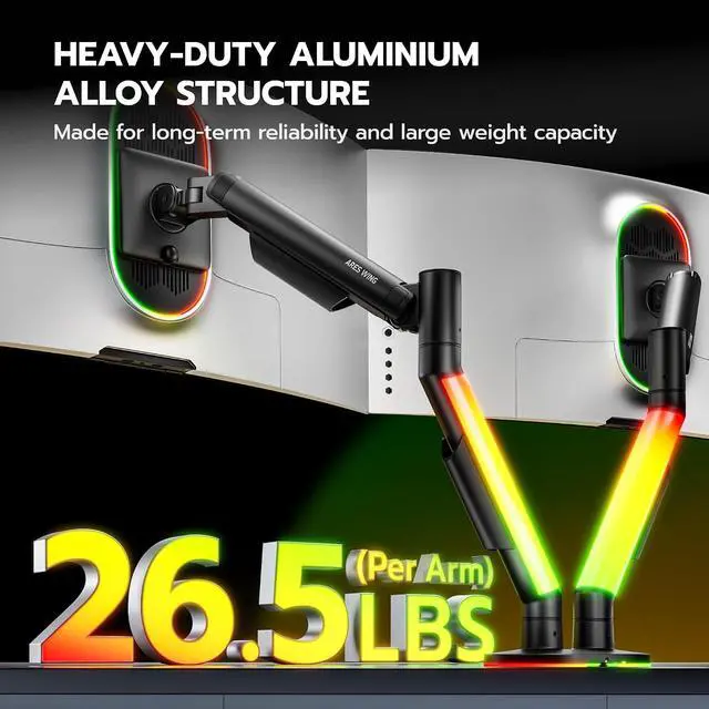 Alt view image 4 of 7 - RGB Dual Monitor Arm Desk Mount for 17-35 inches Flat and Curved Monitors, Holds 26.5 Heavy Duty, Adjustable Computer Dual Monitor Mount with Clamp & Grommet Base, 75/100 VESA Mount, Black