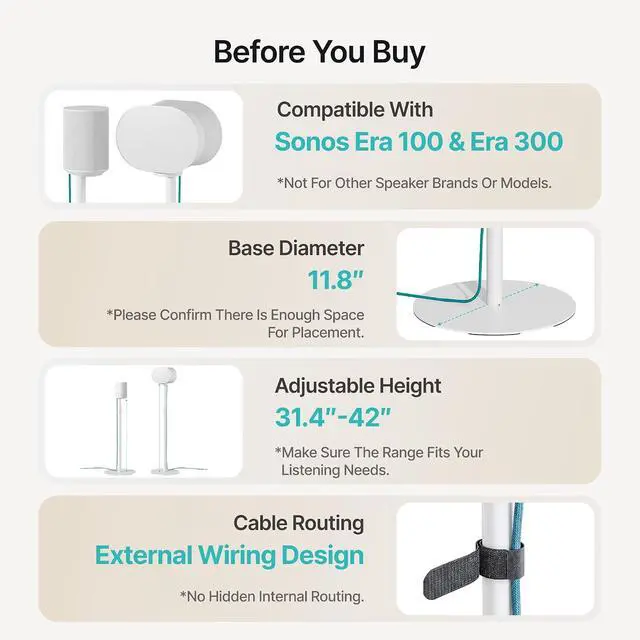 Alt view image 5 of 7 - Speaker Stands Pair for Sonos Era 100, 100 SL, 300, External Cable, White | 31.4"42" lockable height, Only compatible with Sonos Era Series,External cable management with securing straps