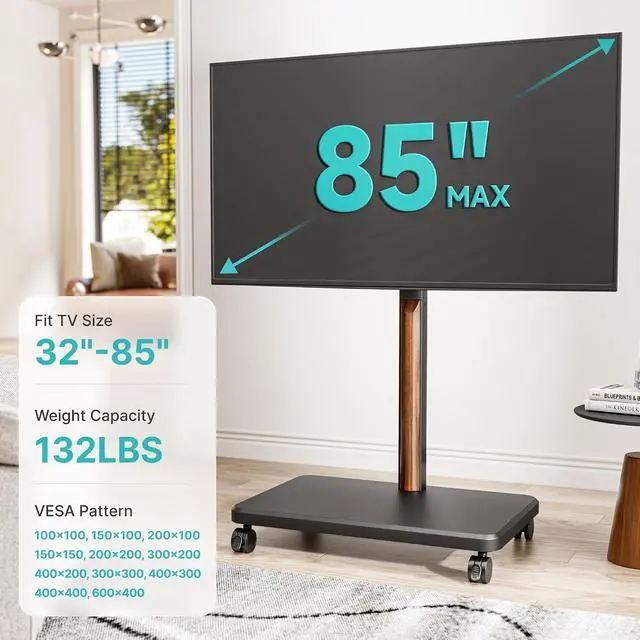 Alt view image 6 of 7 - TV Rolling Cart for 32-85 Inch LCD LED OLED Screen up to 132 Lbs, Adjustable Mobile TV Stand for Bedroom Living Room, Swivel TV Mount with Wheels, Max VESA 600 * 400mm, Black