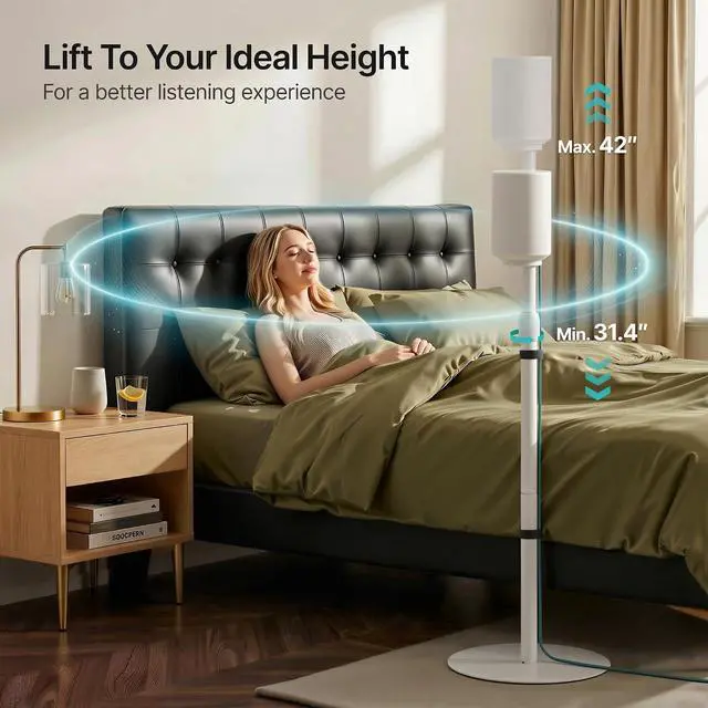 Alt view image 4 of 7 - Speaker Stands Pair for Sonos Era 100, 100 SL, 300, External Cable, White | 31.4"42" lockable height, Only compatible with Sonos Era Series,External cable management with securing straps