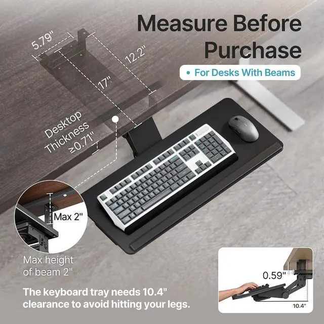 Alt view image 2 of 7 - Keyboard Tray Under Desk Slide Out, 25 x 11 inch, Black | with Storage Drawer, Height Adjustable Swivel Tilt, Ergonomic Under Desk Mount Keyboard & Mouse Holder for Gaming Home Office