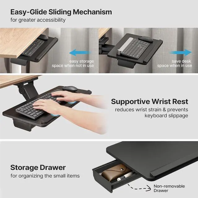 Alt view image 5 of 7 - Keyboard Tray Under Desk Slide Out, 25 x 11 inch, Black | with Storage Drawer, Height Adjustable Swivel Tilt, Ergonomic Under Desk Mount Keyboard & Mouse Holder for Gaming Home Office