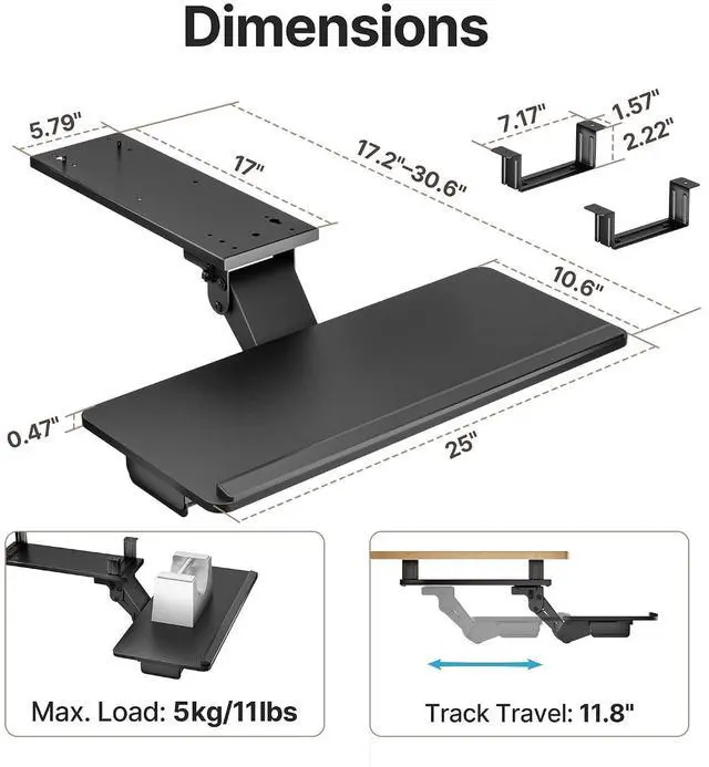 Alt view image 6 of 7 - Keyboard Tray Under Desk Slide Out, 25 x 11 inch, Black | with Storage Drawer, Height Adjustable Swivel Tilt, Ergonomic Under Desk Mount Keyboard & Mouse Holder for Gaming Home Office