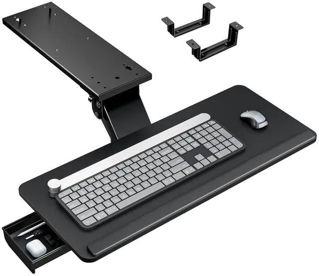 Main image of Keyboard Tray Under Desk Slide Out, 25 x 11 inch, Black | with Storage Drawer, Height Adjustable Swivel Tilt, Ergonomic Under Desk Mount Keyboard & Mouse Holder for Gaming Home Office