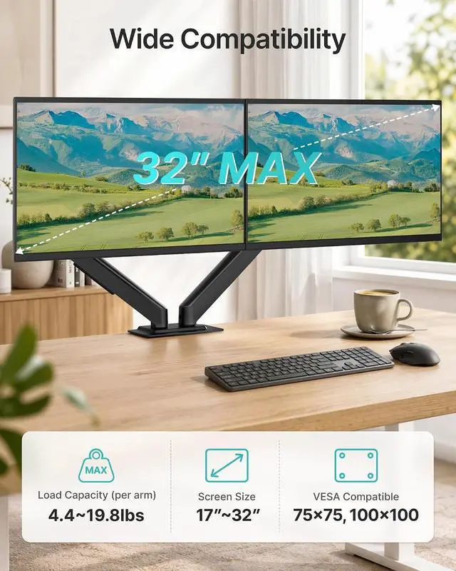 Alt view image 2 of 7 - Dual Monitor Arm for 2 Screens up to 32 inch Monitor Mount with Clamp and Grommet Base, Heavy Duty Monitor Stand Holds up to 19.8 lbs, 75/100mm VESA Mount Adjustable Desk Mount for Home Office