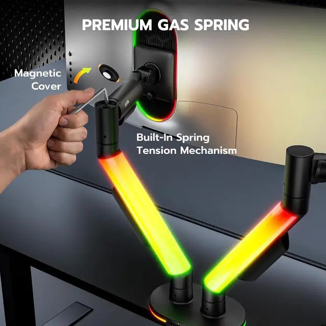Alt view image 6 of 7 - RGB Dual Monitor Arm Desk Mount for 17-35 inches Flat and Curved Monitors, Holds 26.5 Heavy Duty, Adjustable Computer Dual Monitor Mount with Clamp & Grommet Base, 75/100 VESA Mount, Black
