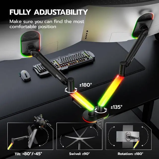 Alt view image 5 of 7 - RGB Dual Monitor Arm Desk Mount for 17-35 inches Flat and Curved Monitors, Holds 26.5 Heavy Duty, Adjustable Computer Dual Monitor Mount with Clamp & Grommet Base, 75/100 VESA Mount, Black