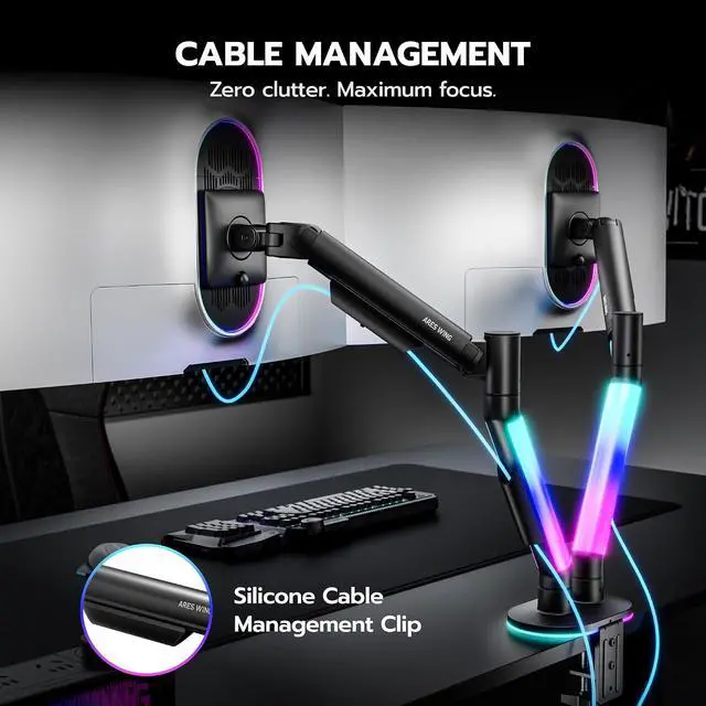Alt view image 7 of 7 - RGB Dual Monitor Arm Desk Mount for 17-35 inches Flat and Curved Monitors, Holds 26.5 Heavy Duty, Adjustable Computer Dual Monitor Mount with Clamp & Grommet Base, 75/100 VESA Mount, Black