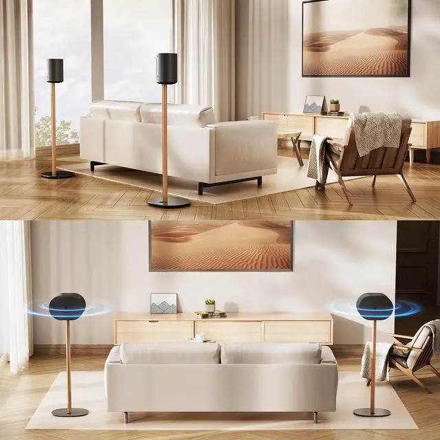 Alt view image 7 of 7 - Speaker Stands Compatible with SONOS Era 300 and Era 100, Fixed Height Floor Stand with Cable Management, Wooden Speaker Mount, Black & Walnut, 2 Pack (Pair)