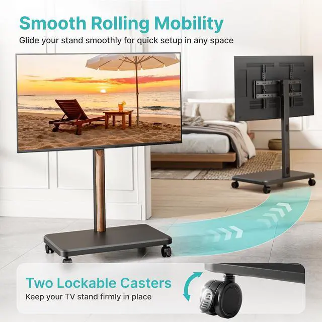 Alt view image 7 of 7 - TV Rolling Cart for 32-85 Inch LCD LED OLED Screen up to 132 Lbs, Adjustable Mobile TV Stand for Bedroom Living Room, Swivel TV Mount with Wheels, Max VESA 600 * 400mm, Black