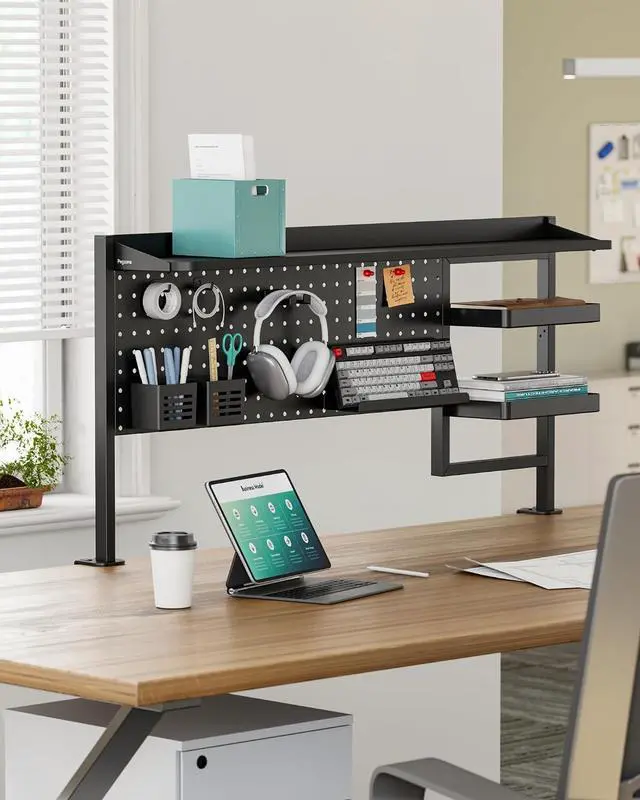 Alt view image 2 of 7 - Clamp on Desk Shelf, 44" Desktop Shelving System, Black | with Pegboard and Accessories, Desktop Organizer with 2-Tier Shelf, Desk Pegboard for Office Home Gaming