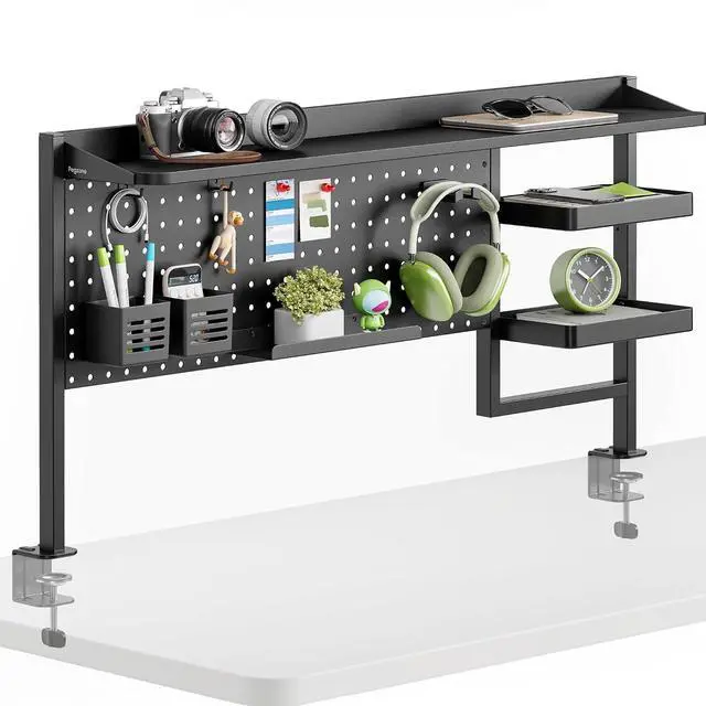 Main image of Clamp on Desk Shelf, 44" Desktop Shelving System, Black | with Pegboard and Accessories, Desktop Organizer with 2-Tier Shelf, Desk Pegboard for Office Home Gaming