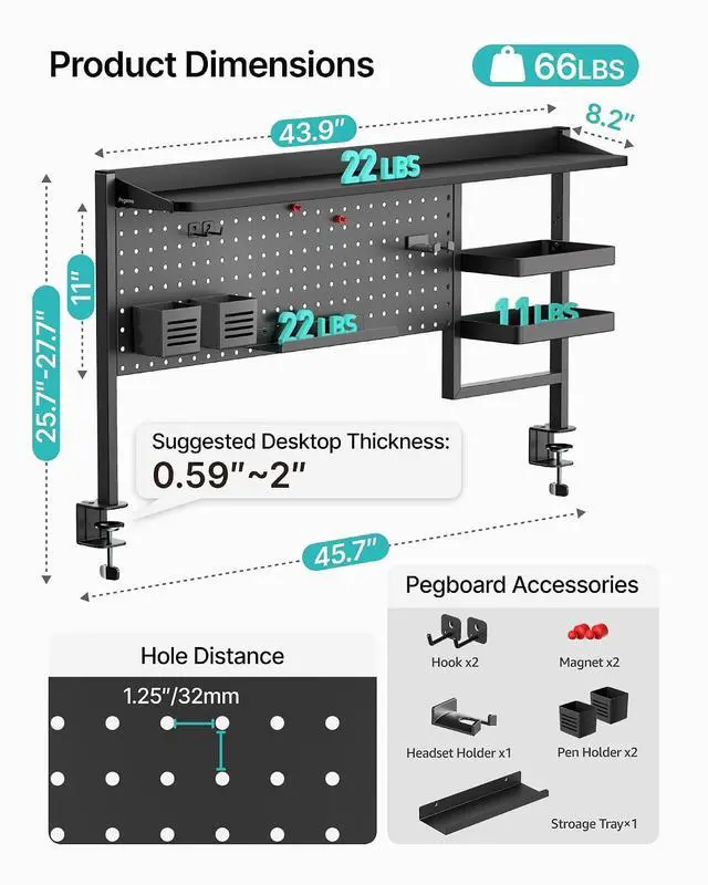 Alt view image 3 of 7 - Clamp on Desk Shelf, 44" Desktop Shelving System, Black | with Pegboard and Accessories, Desktop Organizer with 2-Tier Shelf, Desk Pegboard for Office Home Gaming