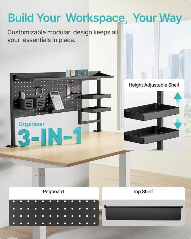 Alt view image 4 of 7 - Clamp on Desk Shelf, 44" Desktop Shelving System, Black | with Pegboard and Accessories, Desktop Organizer with 2-Tier Shelf, Desk Pegboard for Office Home Gaming