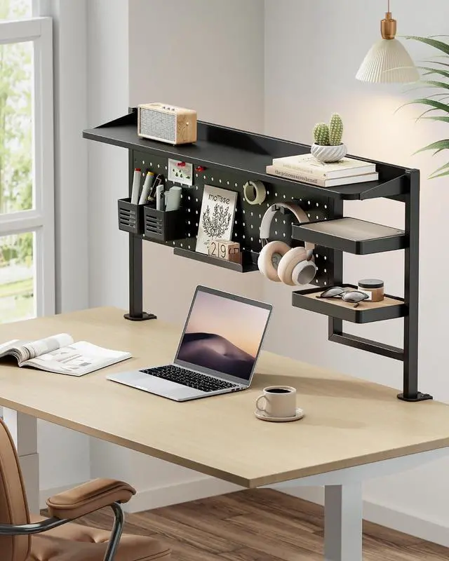 Alt view image 7 of 7 - Clamp on Desk Shelf, 44" Desktop Shelving System, Black | with Pegboard and Accessories, Desktop Organizer with 2-Tier Shelf, Desk Pegboard for Office Home Gaming