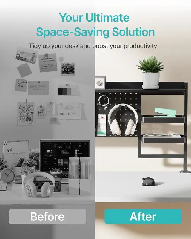 Alt view image 6 of 7 - Clamp on Desk Shelf, 44" Desktop Shelving System, Black | with Pegboard and Accessories, Desktop Organizer with 2-Tier Shelf, Desk Pegboard for Office Home Gaming