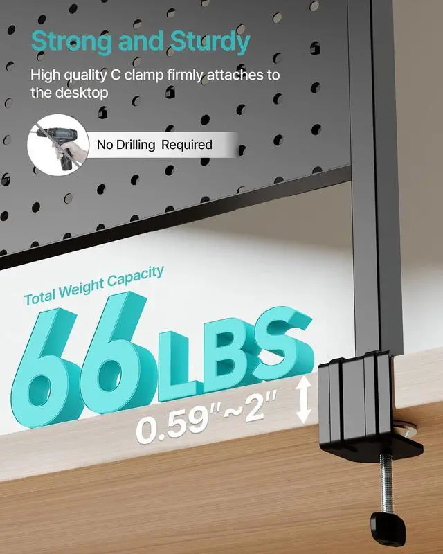 Alt view image 5 of 7 - Clamp on Desk Shelf, 44" Desktop Shelving System, Black | with Pegboard and Accessories, Desktop Organizer with 2-Tier Shelf, Desk Pegboard for Office Home Gaming