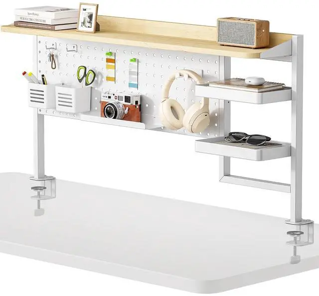 Main image of Clamp on Desk Shelf, 44" Desktop Shelving System, White | with Pegboard and Accessories, Desktop Organizer with 2-Tier Shelf, Desk Pegboard for Gaming Office