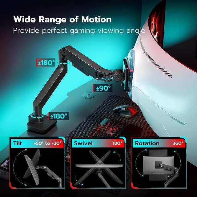 Alt view image 4 of 7 - Ultrawide Monitor Arm for 17 to 49 Inch Heavy Duty Curved Screen, Holds 44 Lbs, Adjustable Gas Spring Monitor Arm Desk Mount with C Clamp, Grommet Base, 75/100 Vesa Mount, Black