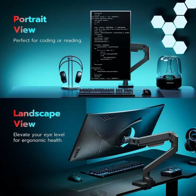 Alt view image 7 of 7 - Ultrawide Monitor Arm for 17 to 49 Inch Heavy Duty Curved Screen, Holds 44 Lbs, Adjustable Gas Spring Monitor Arm Desk Mount with C Clamp, Grommet Base, 75/100 Vesa Mount, Black