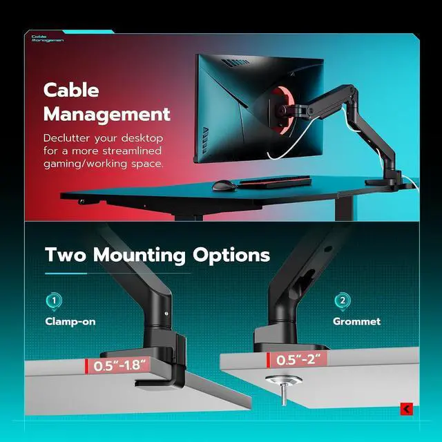 Alt view image 6 of 7 - Ultrawide Monitor Arm for 17 to 49 Inch Heavy Duty Curved Screen, Holds 44 Lbs, Adjustable Gas Spring Monitor Arm Desk Mount with C Clamp, Grommet Base, 75/100 Vesa Mount, Black