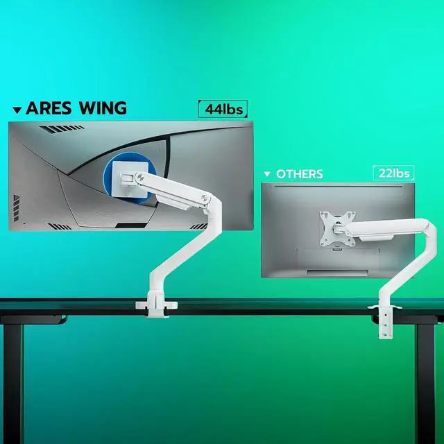 Alt view image 2 of 7 - Ultrawide Monitor Arm White for 17 to 49 Inch Heavy Duty Curved Screen, Holds 44 Lbs, Adjustable Gas Spring Monitor Arm Desk Mount with C Clamp, Grommet Base, 75/100 Vesa Mount