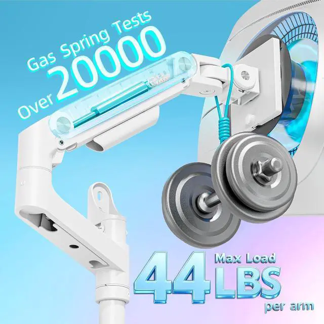 Alt view image 3 of 7 - Dual Monitor Wall Mount for 17-49 Inch Ultrawide Screens, Heavy Duty Wall Mount Monitor Arm Holds 44 lbs Each, Fully Adjustable Gas Spring Monitor Arm, 75x75/100x100 VESA Mount, White