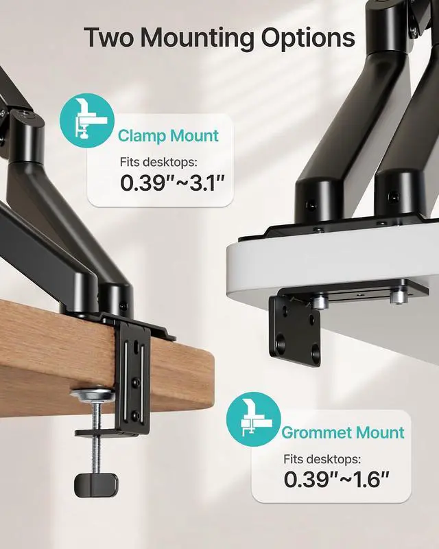 Alt view image 4 of 7 - Dual Monitor Arm for 2 Screens up to 32 inch Monitor Mount with Clamp and Grommet Base, Heavy Duty Monitor Stand Holds up to 19.8 lbs, 75/100mm VESA Mount Adjustable Desk Mount for Home Office