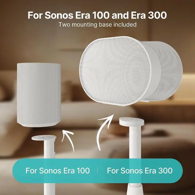 Alt view image 2 of 7 - Speaker Stands Pair Compatible with Sonos Era 100 and Era 300, Height-Adjustable from 26.9"-42", Cable Management, 11lbs Capacity, White, 2 Pack(1 Pair)