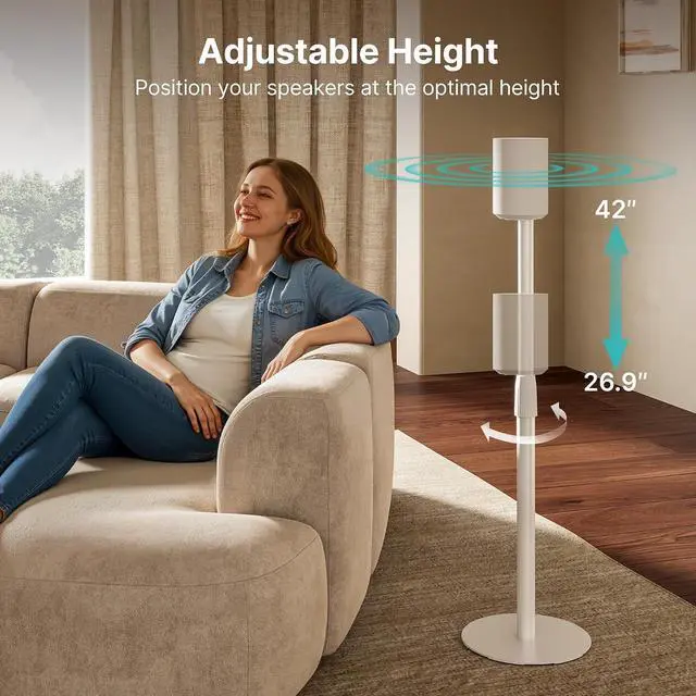 Alt view image 3 of 7 - Speaker Stands Pair Compatible with Sonos Era 100 and Era 300, Height-Adjustable from 26.9"-42", Cable Management, 11lbs Capacity, White, 2 Pack(1 Pair)