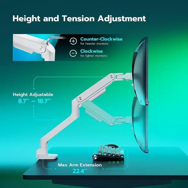 Alt view image 7 of 7 - Ultrawide Monitor Arm White for 17 to 49 Inch Heavy Duty Curved Screen, Holds 44 Lbs, Adjustable Gas Spring Monitor Arm Desk Mount with C Clamp, Grommet Base, 75/100 Vesa Mount
