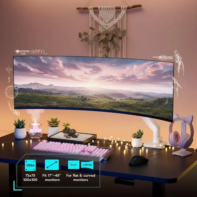 Alt view image 2 of 7 - Ultrawide Monitor Arms White with USB A/C, Heavy Duty Monitor Arm for 17 to 49 inch Screen, Holds 44 lbs, Adjustable Gas Spring Desk Mount with Clamp and Grommet Base