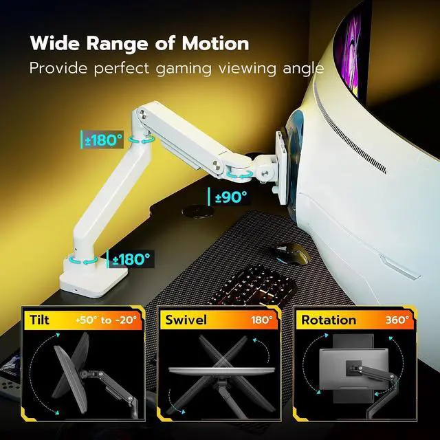 Alt view image 4 of 7 - Ultrawide Monitor Arms White with USB A/C, Heavy Duty Monitor Arm for 17 to 49 inch Screen, Holds 44 lbs, Adjustable Gas Spring Desk Mount with Clamp and Grommet Base
