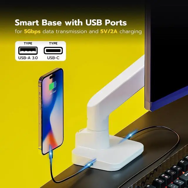 Alt view image 5 of 7 - Ultrawide Monitor Arms White with USB A/C, Heavy Duty Monitor Arm for 17 to 49 inch Screen, Holds 44 lbs, Adjustable Gas Spring Desk Mount with Clamp and Grommet Base
