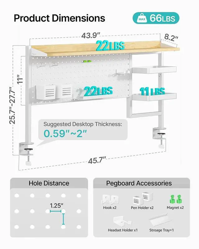 Alt view image 3 of 7 - Clamp on Desk Shelf, 44" Desktop Shelving System, White | with Pegboard and Accessories, Desktop Organizer with 2-Tier Shelf, Desk Pegboard for Gaming Office