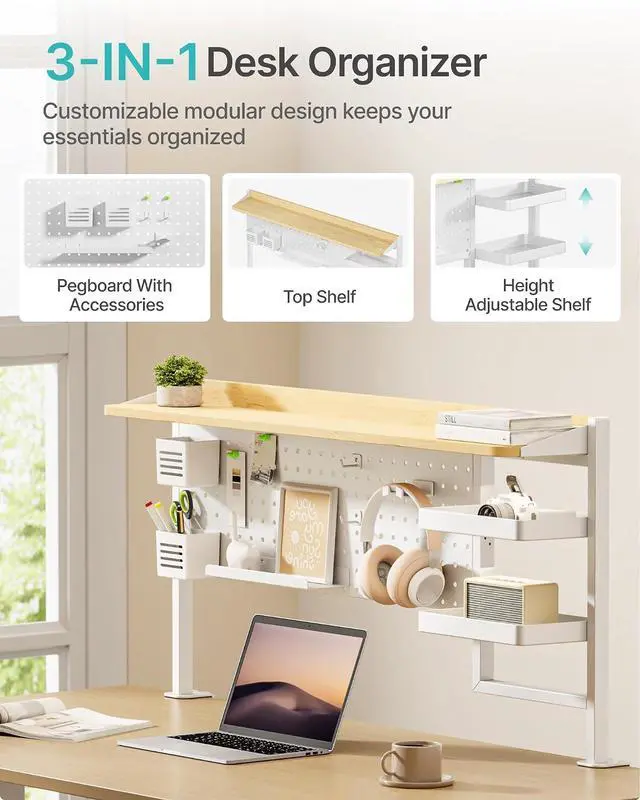 Alt view image 4 of 7 - Clamp on Desk Shelf, 44" Desktop Shelving System, White | with Pegboard and Accessories, Desktop Organizer with 2-Tier Shelf, Desk Pegboard for Gaming Office