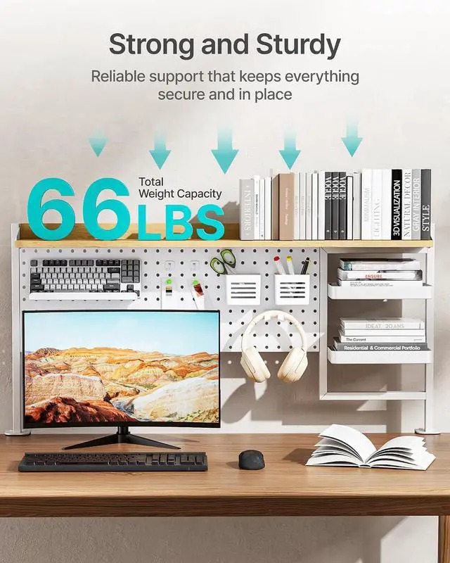 Alt view image 5 of 7 - Clamp on Desk Shelf, 44" Desktop Shelving System, White | with Pegboard and Accessories, Desktop Organizer with 2-Tier Shelf, Desk Pegboard for Gaming Office