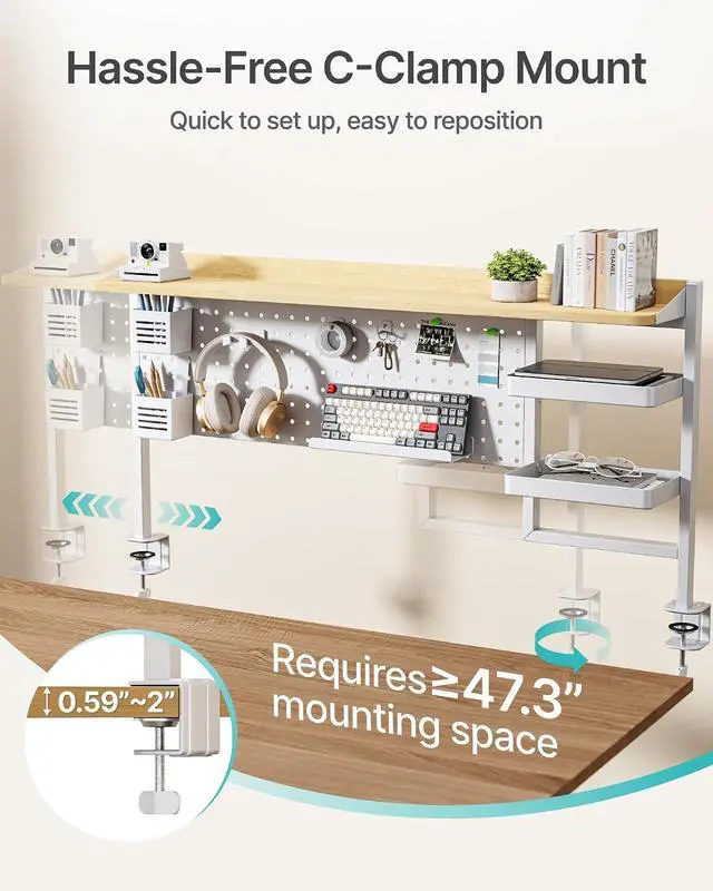 Alt view image 6 of 7 - Clamp on Desk Shelf, 44" Desktop Shelving System, White | with Pegboard and Accessories, Desktop Organizer with 2-Tier Shelf, Desk Pegboard for Gaming Office