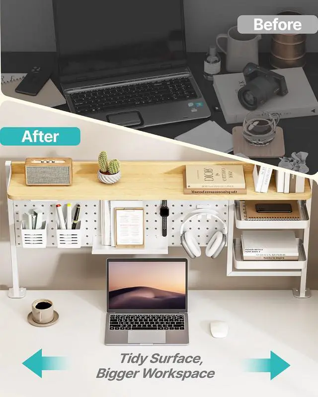 Alt view image 7 of 7 - Clamp on Desk Shelf, 44" Desktop Shelving System, White | with Pegboard and Accessories, Desktop Organizer with 2-Tier Shelf, Desk Pegboard for Gaming Office