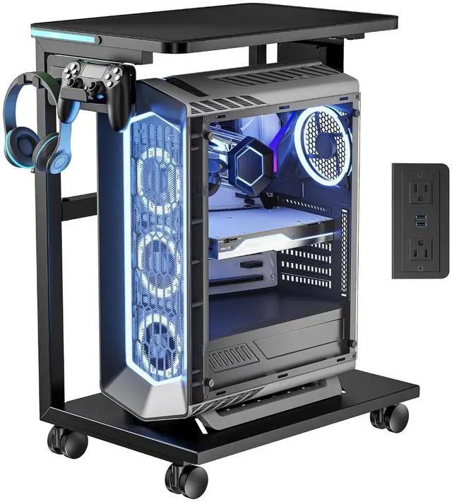Main image of Height Adjustable Computer Tower Stand with RGB LED Light & USB Charging Port, Under Desk Mobile PC Stand, CPU Holder Cart with Locking Caster Wheels for Home Office, Gaming, 21.65"-33.5" H