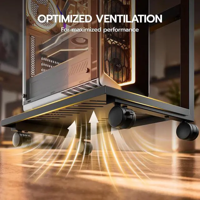 Alt view image 2 of 7 - Height Adjustable Computer Tower Stand with RGB LED Light & USB Charging Port, Under Desk Mobile PC Stand, CPU Holder Cart with Locking Caster Wheels for Home Office, Gaming, 21.65"-33.5" H