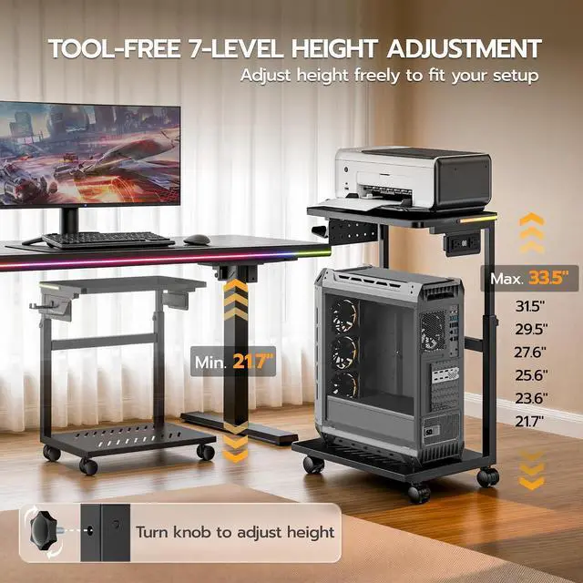 Alt view image 3 of 7 - Height Adjustable Computer Tower Stand with RGB LED Light & USB Charging Port, Under Desk Mobile PC Stand, CPU Holder Cart with Locking Caster Wheels for Home Office, Gaming, 21.65"-33.5" H