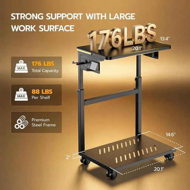Alt view image 4 of 7 - Height Adjustable Computer Tower Stand with RGB LED Light & USB Charging Port, Under Desk Mobile PC Stand, CPU Holder Cart with Locking Caster Wheels for Home Office, Gaming, 21.65"-33.5" H