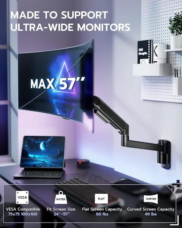 Alt view image 2 of 7 - Monitor Wall Mount for 24-57 Inch Ultrawide Gaming Screens, Premium Heavy Duty Monitor Arm Holds 60 lbs, Full Motion Gas Spring, Bearing Head for Easy Adjustment, 75/100 VESA Mount, Black