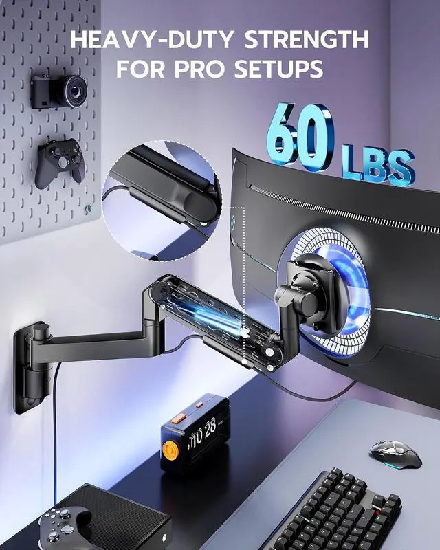 Alt view image 3 of 7 - Monitor Wall Mount for 24-57 Inch Ultrawide Gaming Screens, Premium Heavy Duty Monitor Arm Holds 60 lbs, Full Motion Gas Spring, Bearing Head for Easy Adjustment, 75/100 VESA Mount, Black