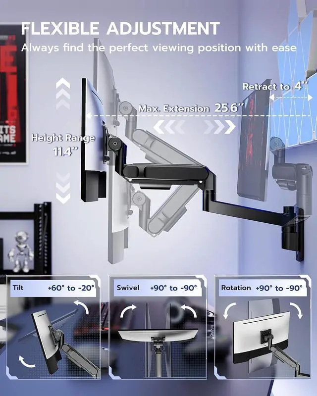 Alt view image 5 of 7 - Monitor Wall Mount for 24-57 Inch Ultrawide Gaming Screens, Premium Heavy Duty Monitor Arm Holds 60 lbs, Full Motion Gas Spring, Bearing Head for Easy Adjustment, 75/100 VESA Mount, Black