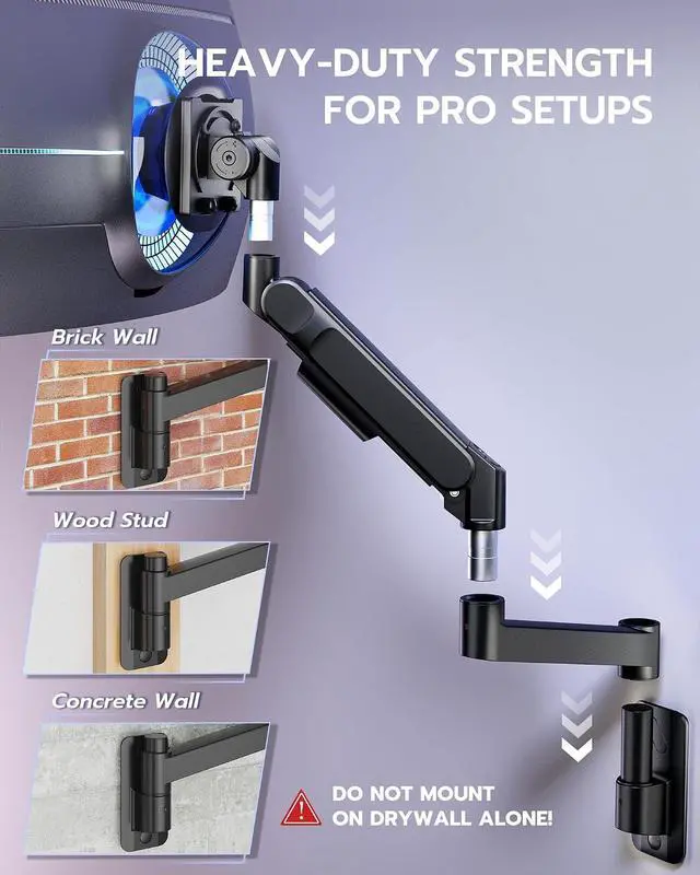 Alt view image 7 of 7 - Monitor Wall Mount for 24-57 Inch Ultrawide Gaming Screens, Premium Heavy Duty Monitor Arm Holds 60 lbs, Full Motion Gas Spring, Bearing Head for Easy Adjustment, 75/100 VESA Mount, Black