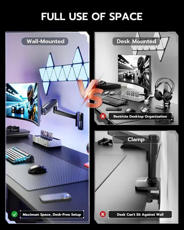 Alt view image 6 of 7 - Monitor Wall Mount for 24-57 Inch Ultrawide Gaming Screens, Premium Heavy Duty Monitor Arm Holds 60 lbs, Full Motion Gas Spring, Bearing Head for Easy Adjustment, 75/100 VESA Mount, Black