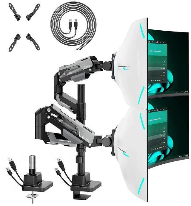 Main image of Heavy Duty Gas Spring Dual Monitor Mount, Adjustable Stacked Desk Mount for 2 Ultrawide Screens up to 57 Inch with USB A/C Charging Ports, VESA 75/100/200mm Mount, Black