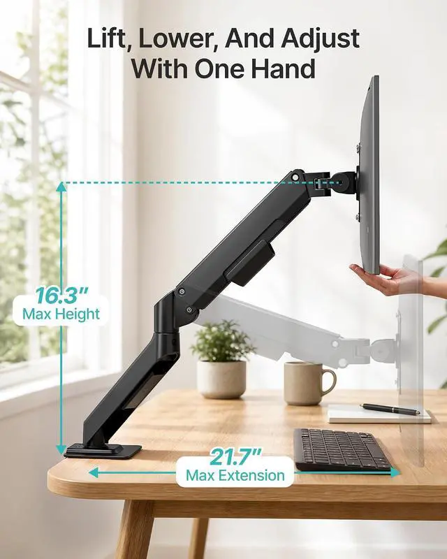 Alt view image 7 of 7 - Single Monitor Arm, 17-32 Inch Monitor Mount with Clamp and Grommet Base, Ultrawide Monitor Stand Holds up to 19.8 lbs, 75/100mm VESA Mount Full Motion Desk Mount for Home Office Gaming